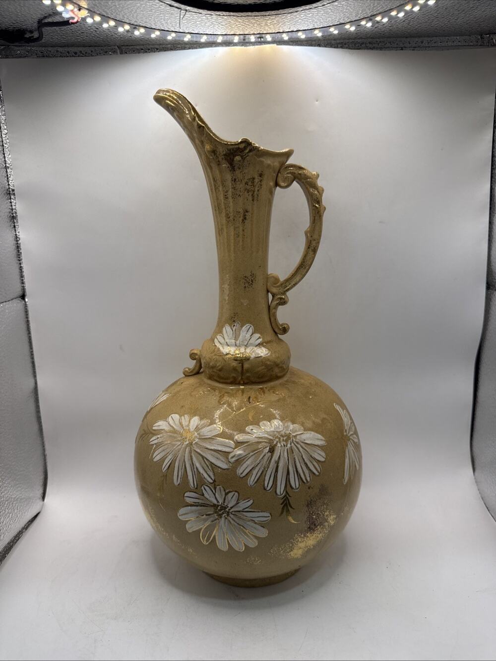 Antique 13.5” Porcelain Ewer Pitcher Hand Painted Daisy Floral Gold *